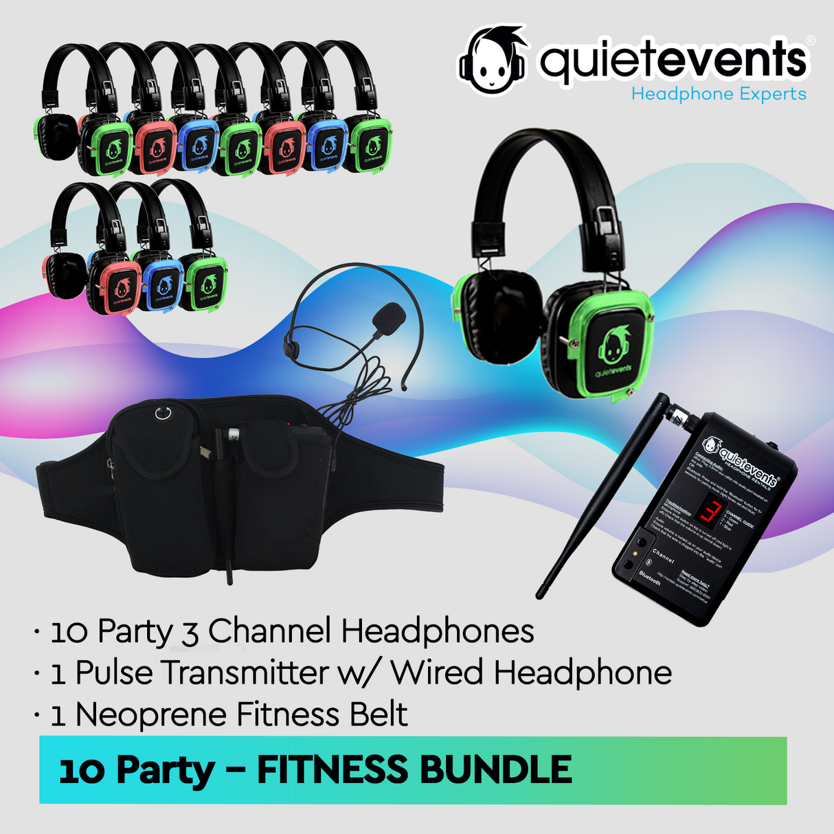 Fitness Bundle - 10 Headphones + 1 Transmitter Silent Disco Bundle (Pulse Party 3CH)