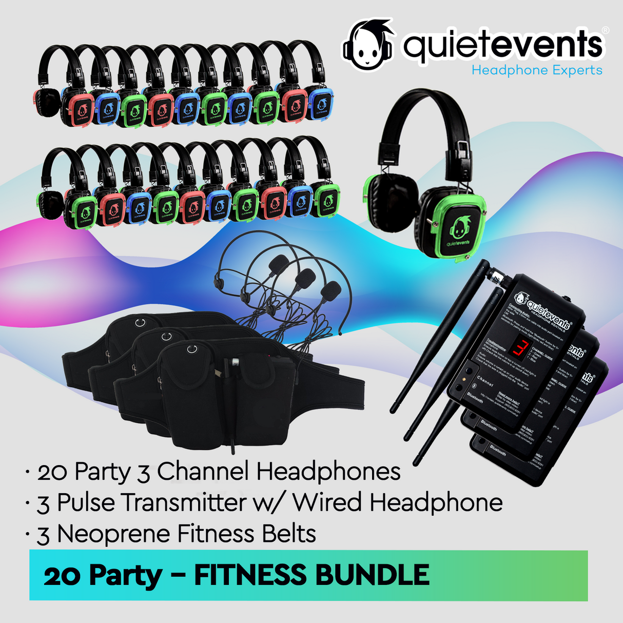 Fitness Bundle - 20 Headphones + 3 Transmitters Silent Disco Bundle (Pulse Party 3CH)