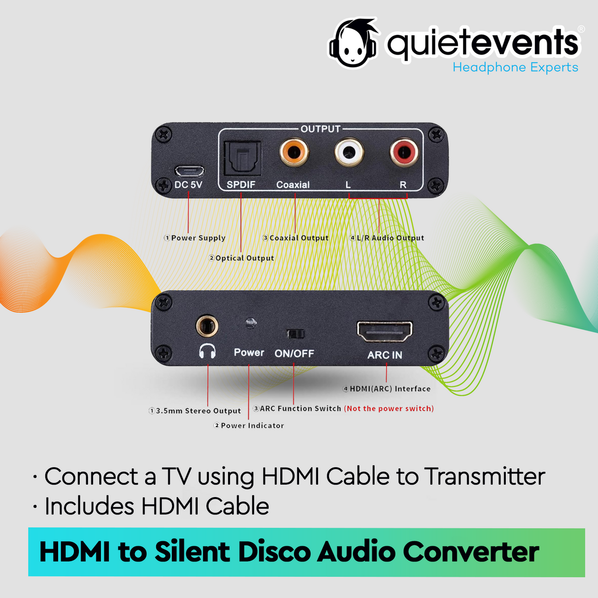 HDMI to Silent Disco Audio Converter with technical details on a light gray background, featuring the 'quiteevents' brand.