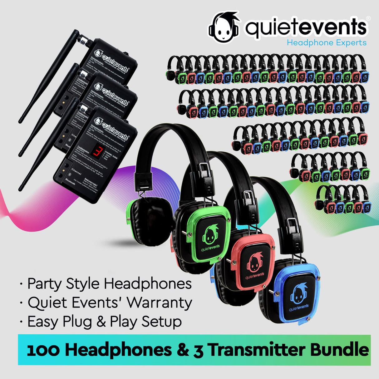 Pulse Party Bundle - 100 Headphones + 3 Transmitters Silent Disco Bundle (Pulse Party 3CH)