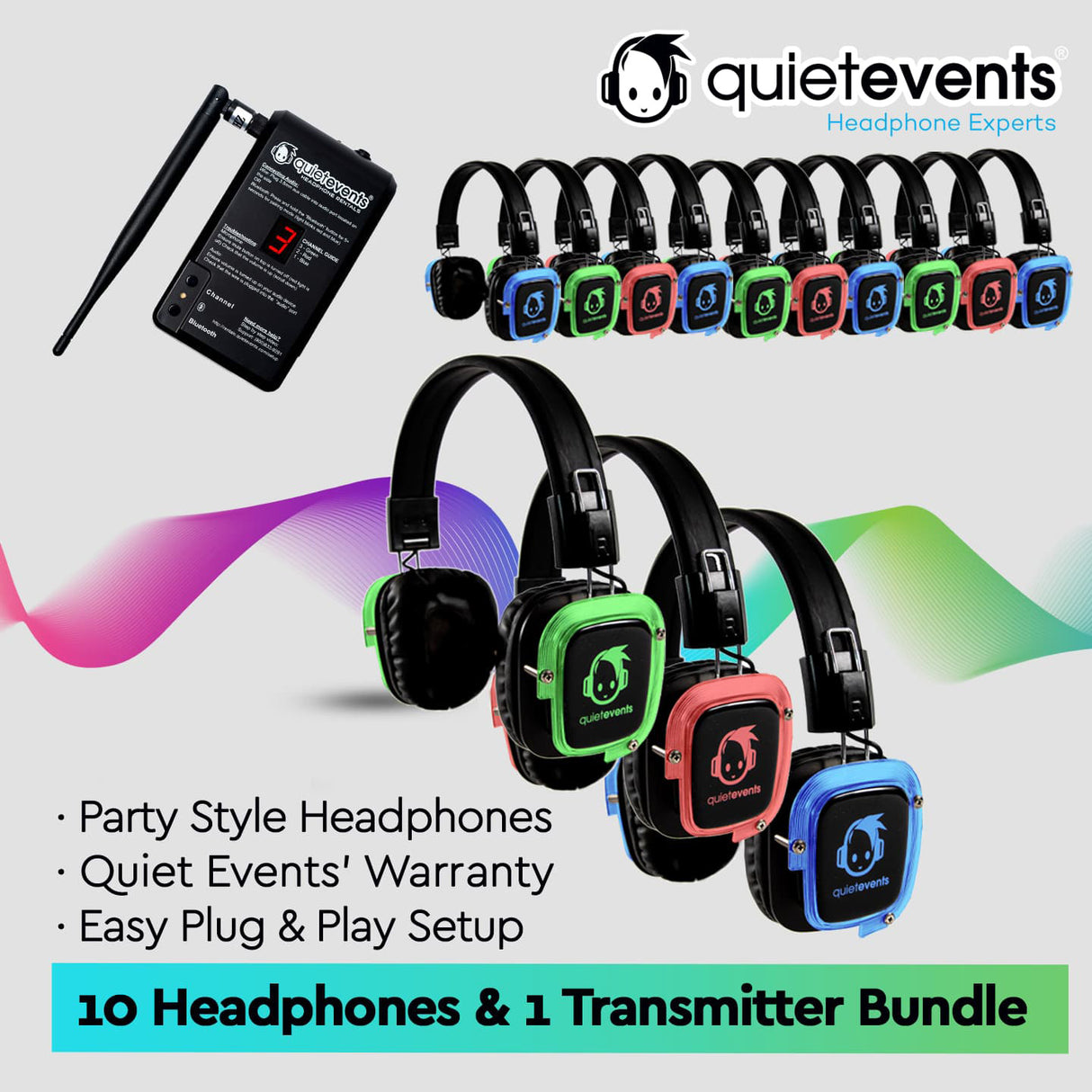Pulse Party Bundle - 10 Headphones + 1 Transmitter Silent Disco Bundle (Pulse Party 3CH)