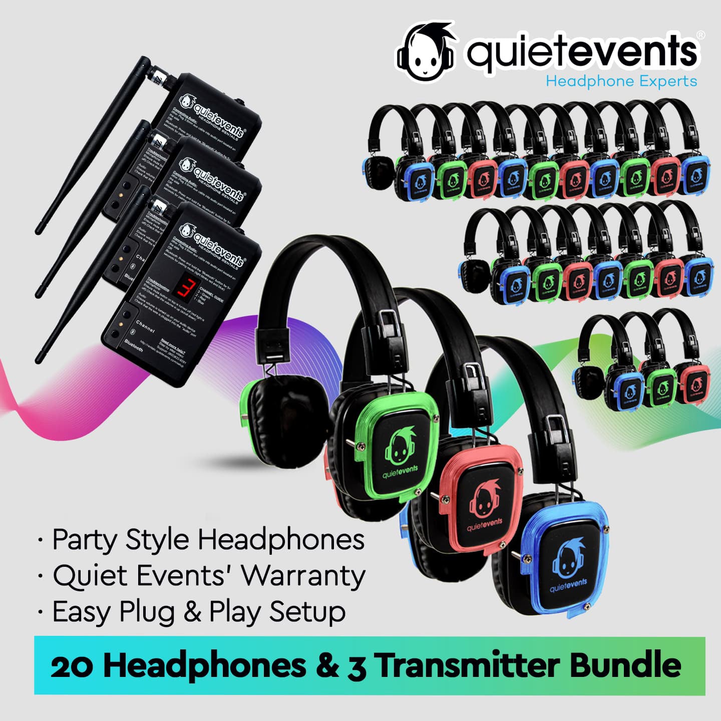 Pulse Party Bundle - 20 Headphones + 3 Transmitters Silent Disco Bundle (Pulse Party 3CH)