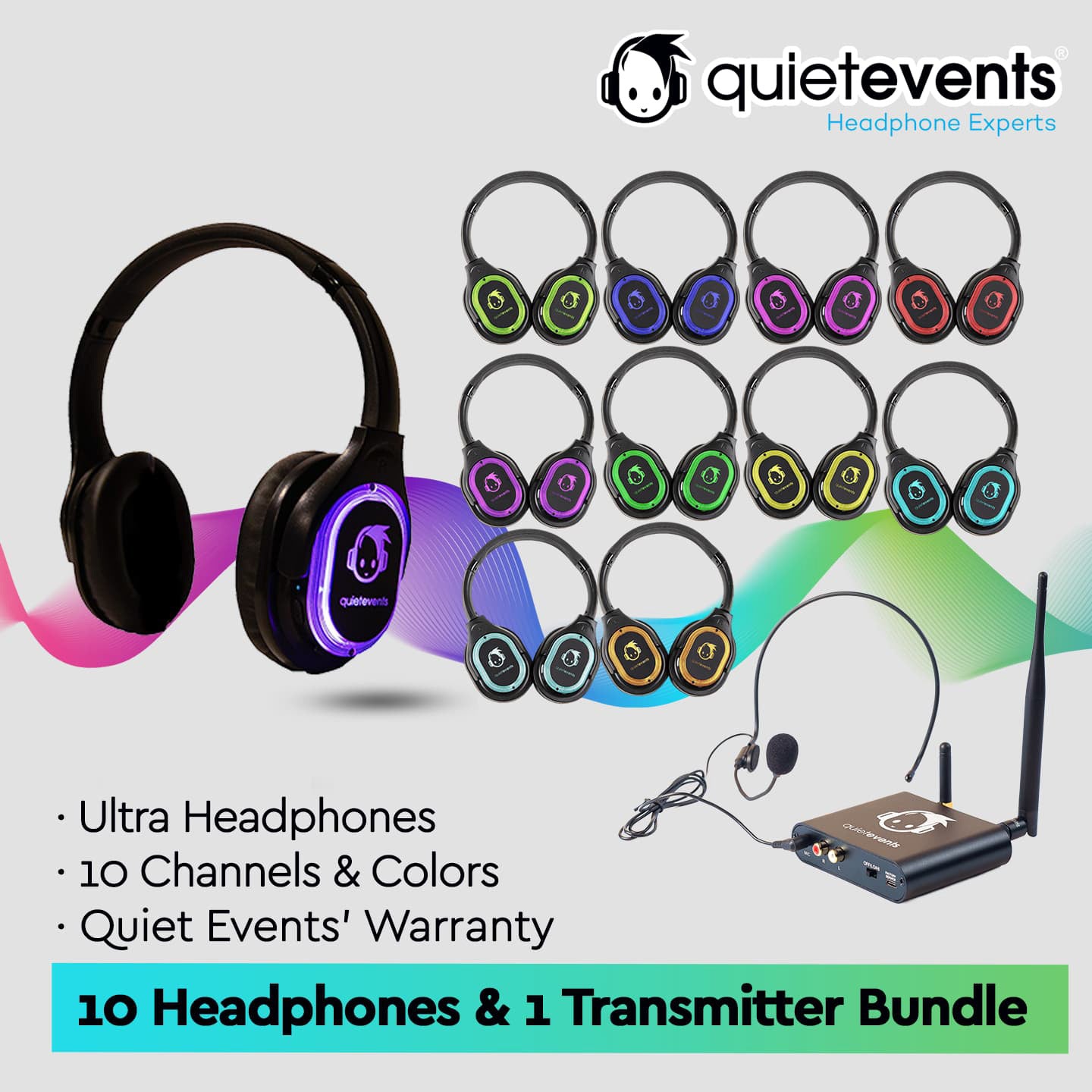 Conference & Meetings Bundle - 10 Headphones + 1 Transmitter Silent Disco Bundle (Ultra1 900 10CH)
