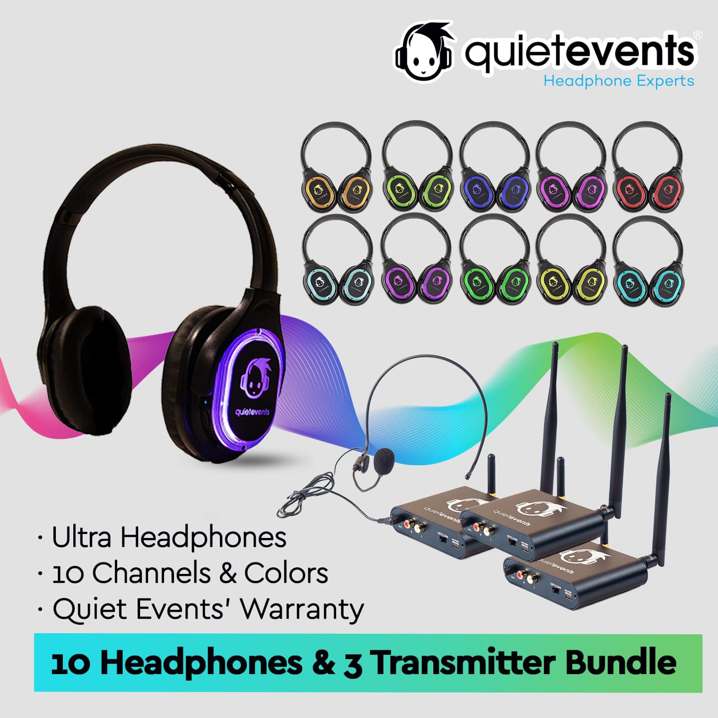 Conference & Meetings Bundle - 10 Headphones  + 3 Transmitters Silent Disco Bundle (Ultra1 900 10CH)