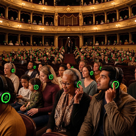 Theatergoers using assistive-listening and multi-language headphone channels