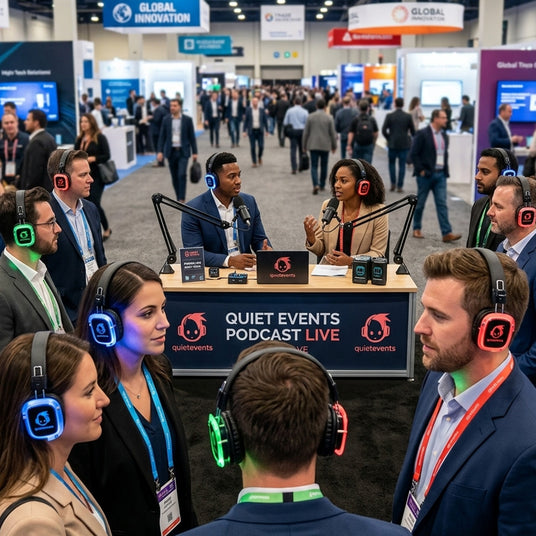 Event attendees listening to a podcast with glowing silent disco headphones
