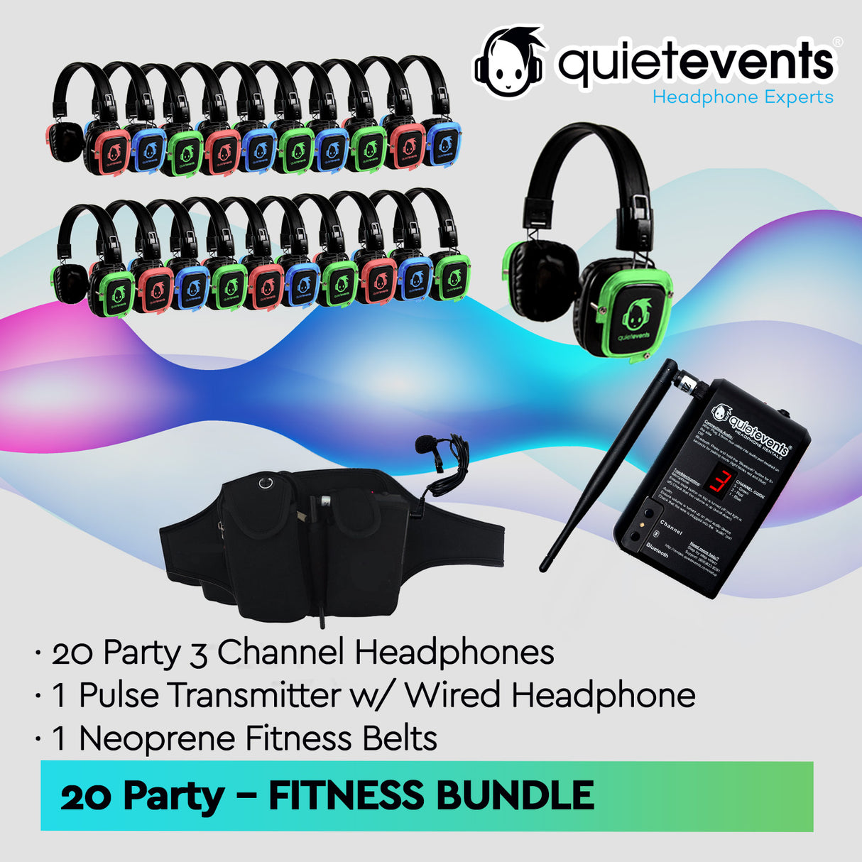 Fitness Bundle - 20 Headphones + 1 Transmitters Silent Disco Bundle (Pulse Party 3CH)