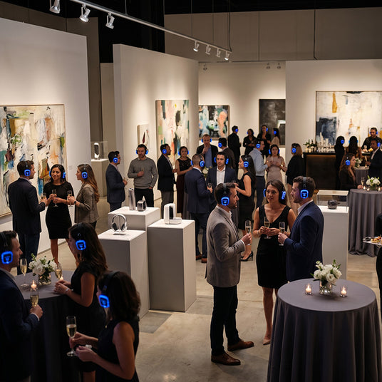 Exhibition space rented for a silent-headphone event among the artworks