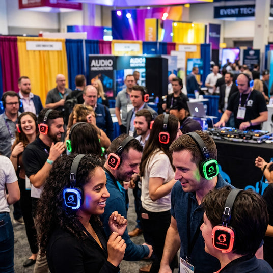 Live podcast booth recording on a trade show floor