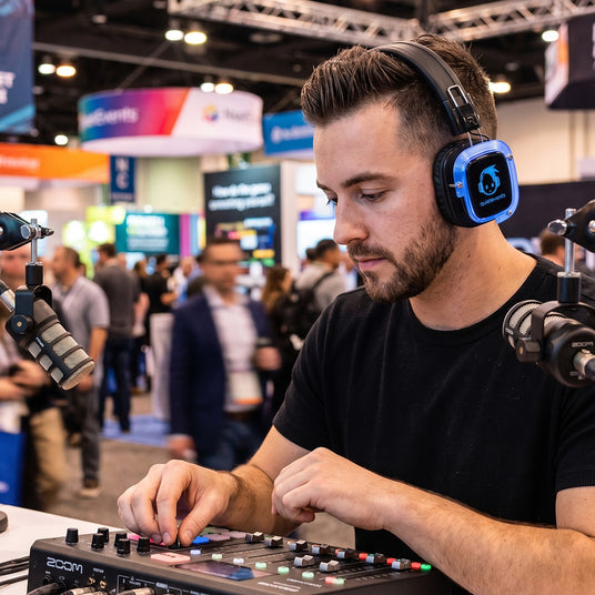 Podcast producer monitoring audio in a noisy expo hall