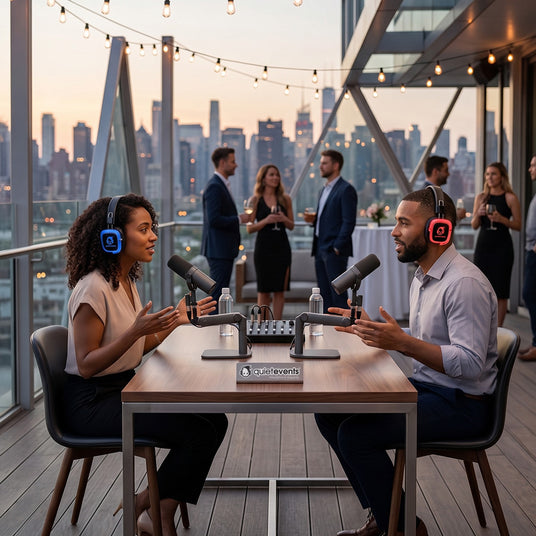 Pop-up podcast studio using silent disco headphones at a live event