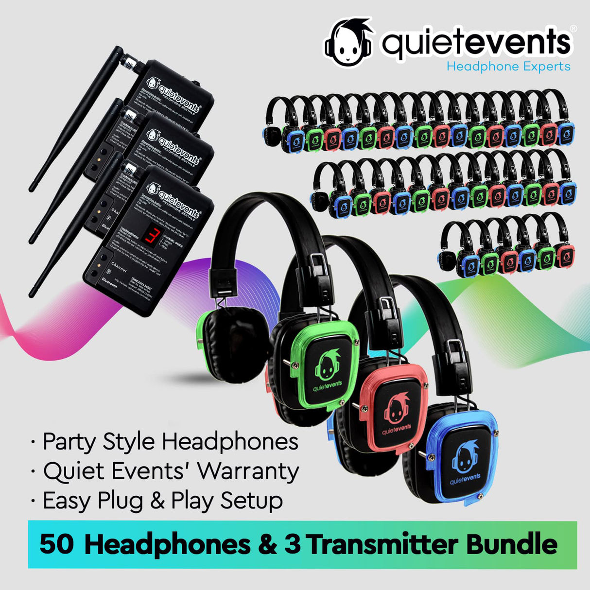 Pulse Party Bundle - 50 Headphones + 3 Transmitters Silent Disco Bundle (Pulse Party 3CH)
