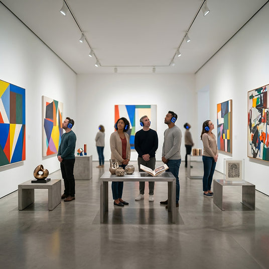 Gallery visitors hearing audio through wireless headphones in a silent vibration-free room