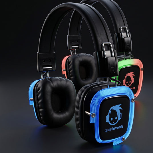 Silent disco headphones showing blue green and red audio channels