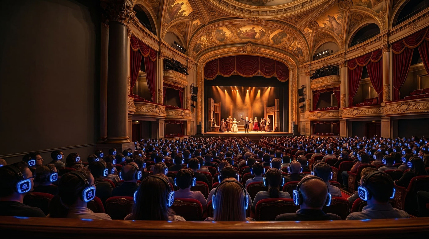 Theater audience wearing glowing Quiet Events headphones during a live stage performance