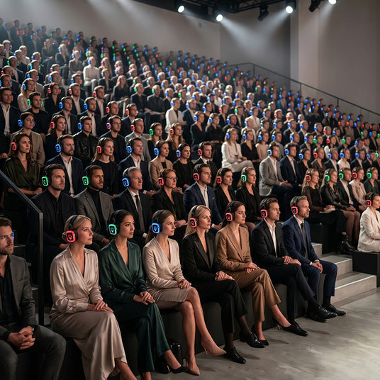 Fashion show audience wearing glowing silent disco headphones with front-row sound in every seat