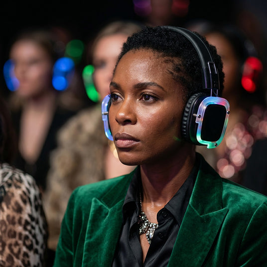 Guest immersed in a silent fashion show wearing over-ear noise-reducing headphones