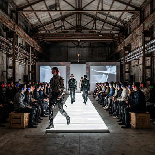 Pop-up fashion show staged in a raw warehouse using wireless headphones instead of speakers