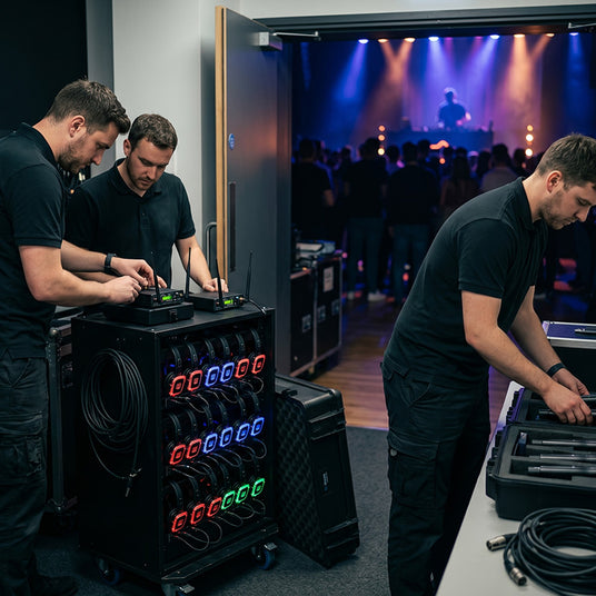 Quiet Events team setting up wireless headphone system for a professional listening party