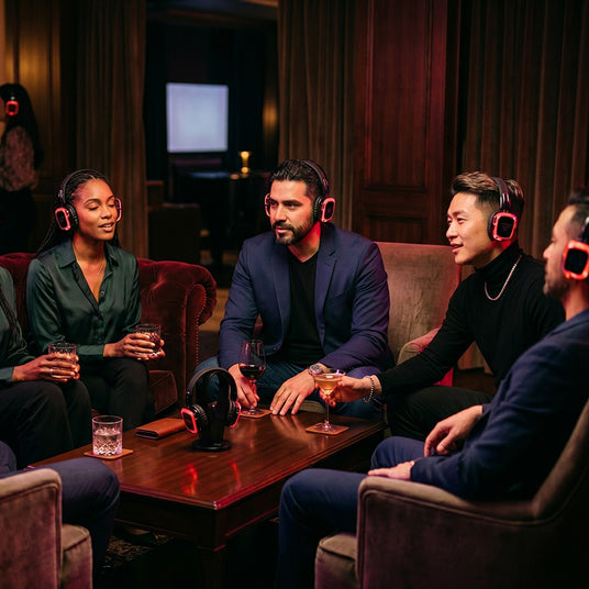 VIP guests enjoying an intimate exclusive listening event in glowing wireless headphones
