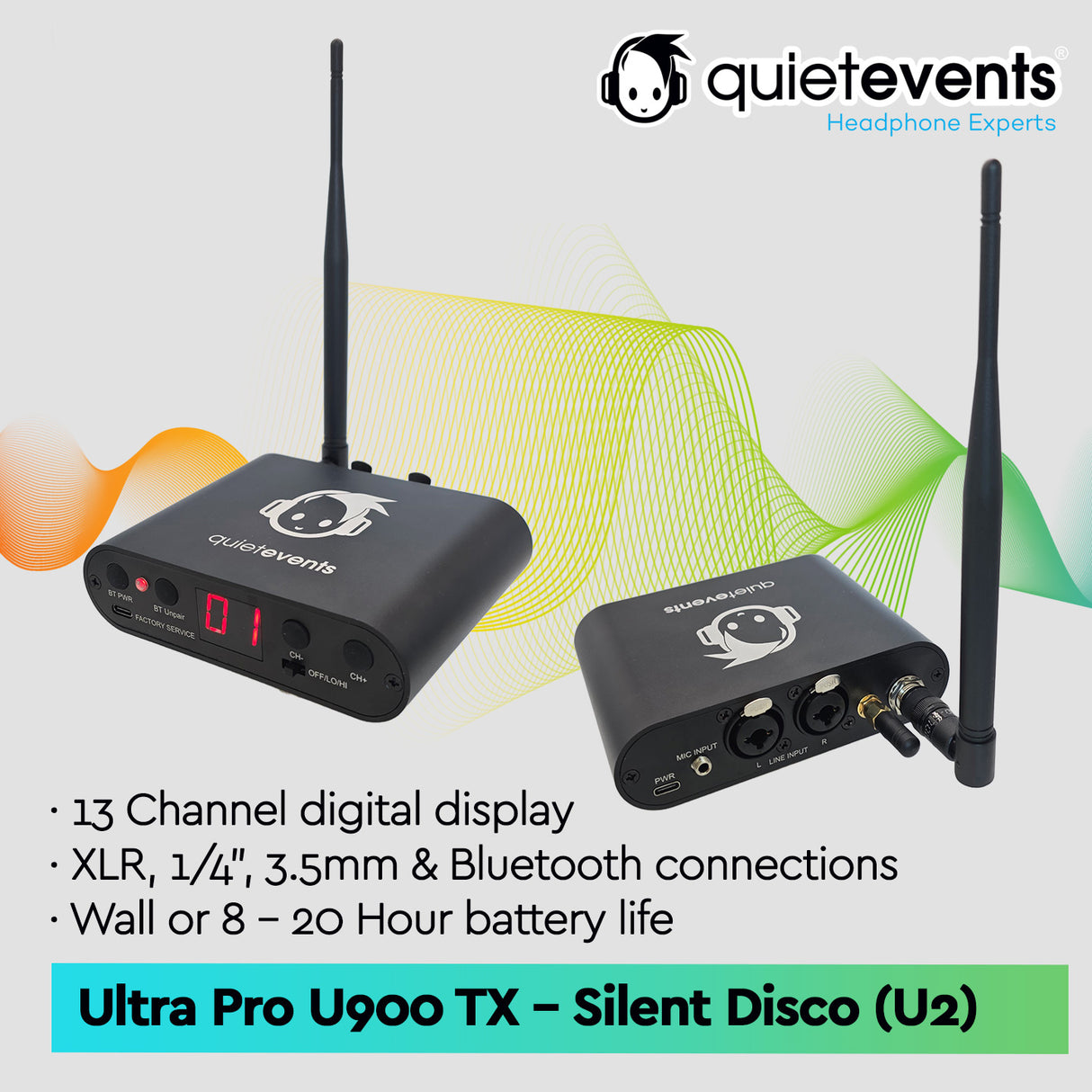 Two wireless transmitter devices with antennas on a gradient background, featuring the 'quiteevents' brand.