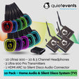 QuietEvents home audio and silent disco system with headphones and transmitters on a colorful background.