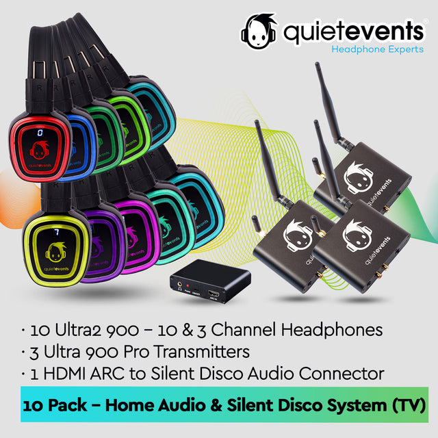 QuietEvents home audio and silent disco system with headphones and transmitters on a colorful background.
