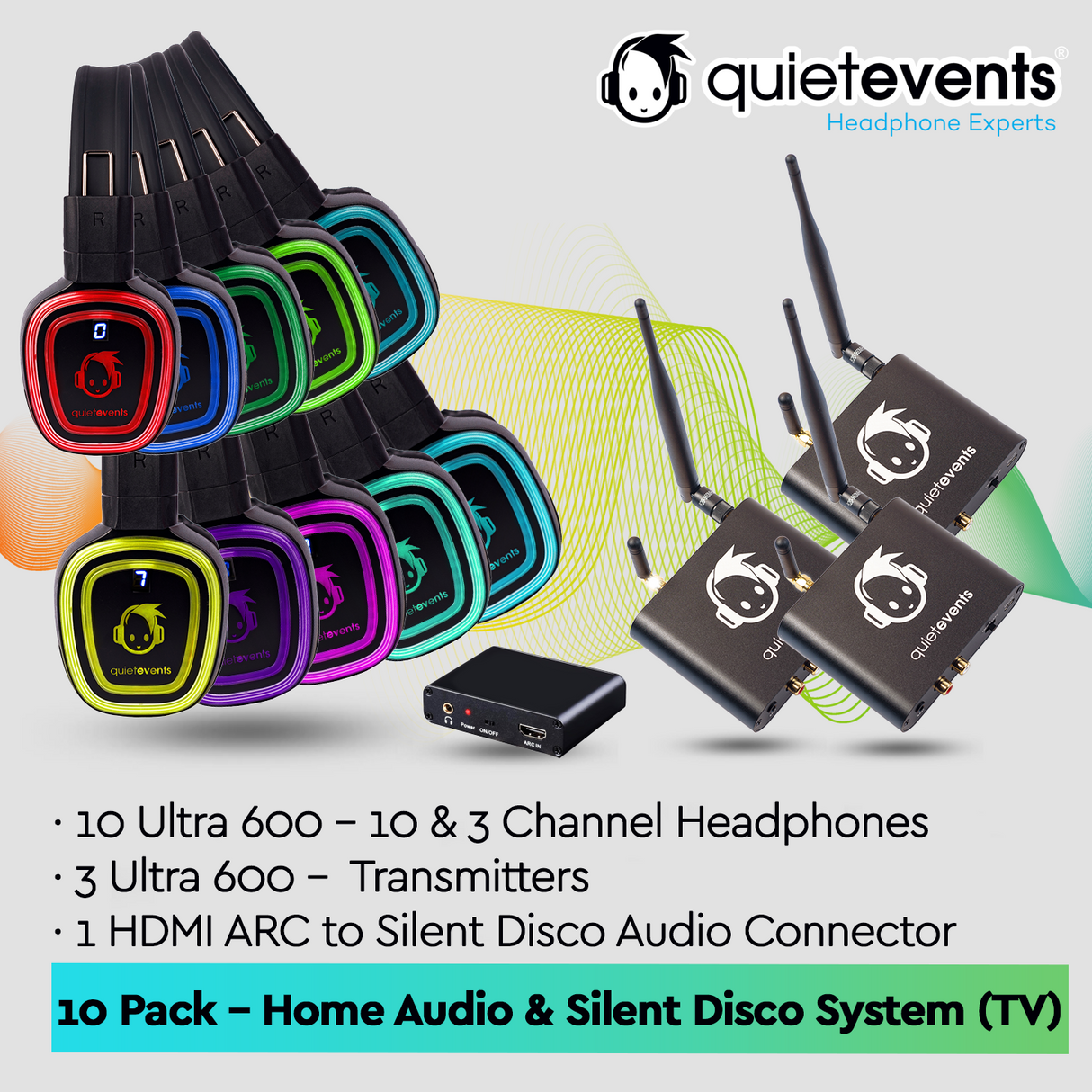 Wireless Home Audio Silent Disco System (TV & Projectors) - 10 Pack