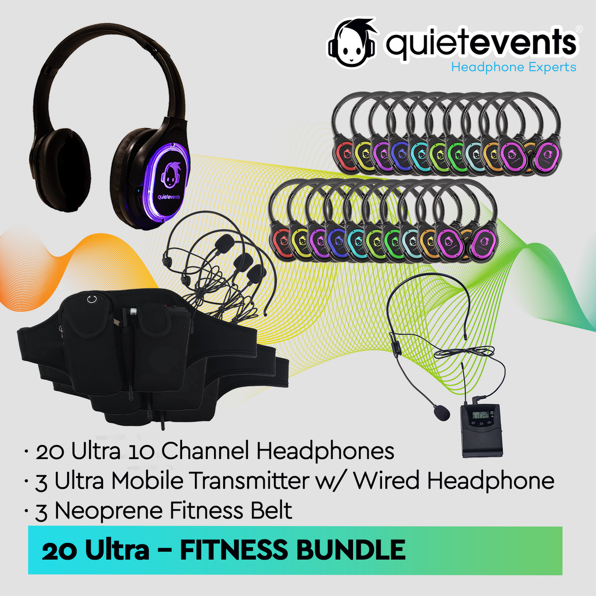 Fitness Bundle - 20 Headphones  + 3 Transmitters Silent Disco Bundle (10CH Ultra)(U)