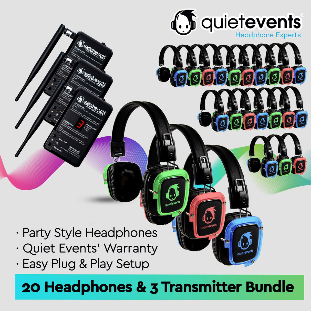Party Bundle - 20 Headphones + 3 Transmitters Silent Disco Bundle (3CH Party)(P)