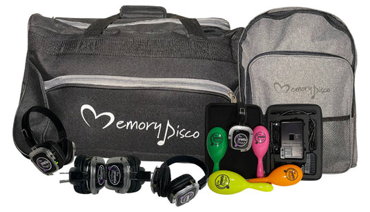 Quiet Events Silent Disco headphones for senior care.  A picture of silent disco equipment open for display.