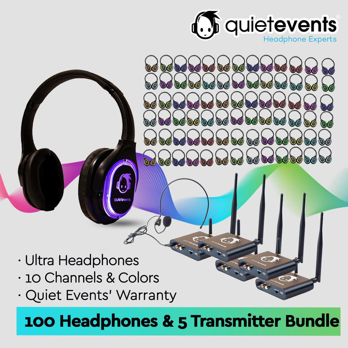 Conference & Meetings Bundle  - 100 Headphones  + 5 Transmitters Silent Disco Bundle (10 CH Ultra) (U)