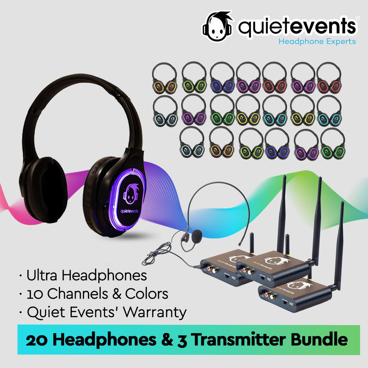 Conference & Meetings Bundle - 20 Headphones  + 3 Transmitters Silent Disco Bundle (10CH Ultra)(U)