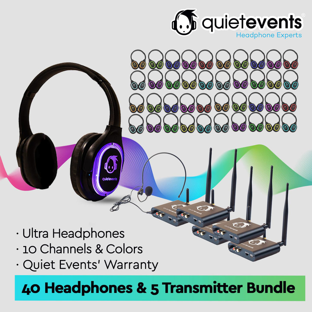 Conference & Meetings Bundle - 40 Headphones  + 5 Transmitters Silent Disco Bundle (10CH Ultra) (U)