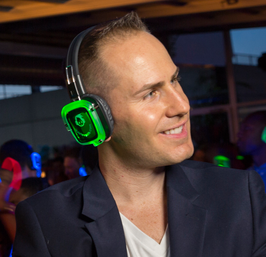 Quiet Events CEO Will Petz with silent disco headphones on