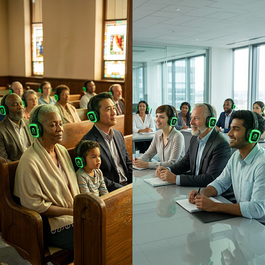 Assistive listening headphones used across a house of worship and a conference