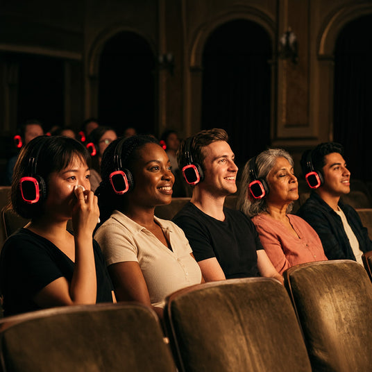 Focused theater audience immersed in a performance through silent headphones
