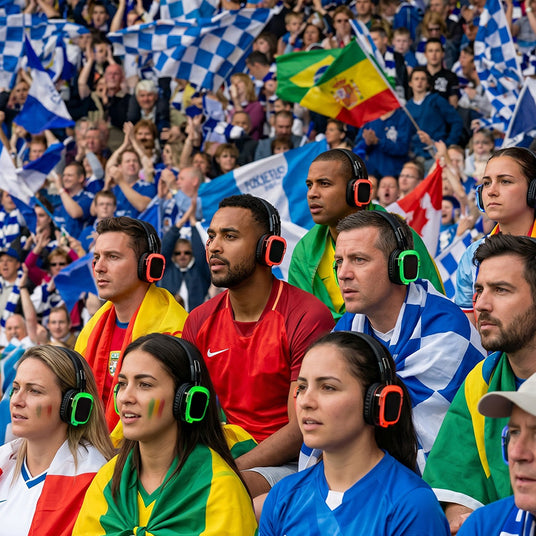 International sports fans selecting language channels on silent disco headphones