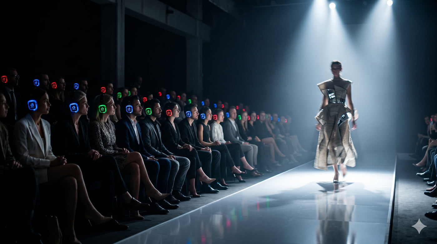 Fashion show runway with audience wearing glowing Quiet Events silent disco headphones