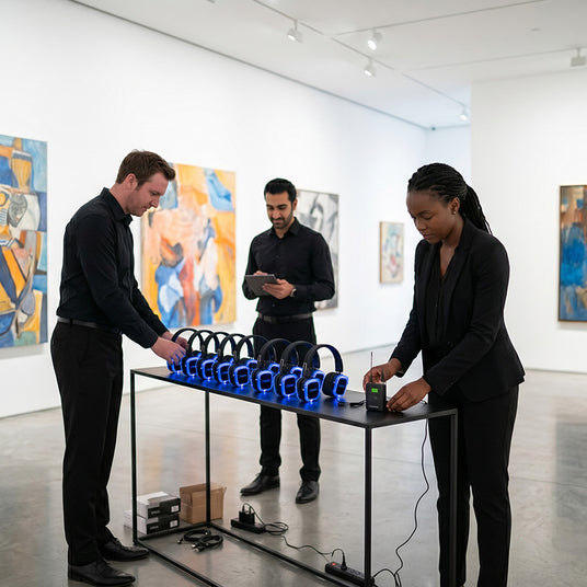 Quiet Events team setting up a turnkey silent headphone system in an art gallery