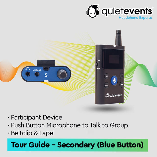 Promotional image featuring a 'Tour Guide - Secondary (Blue Button)' device for a tour guide system. Includes a visual representation of the device with a microphone and two ports, a Line out and a Headphone jack, along with a belt clip and lapel.