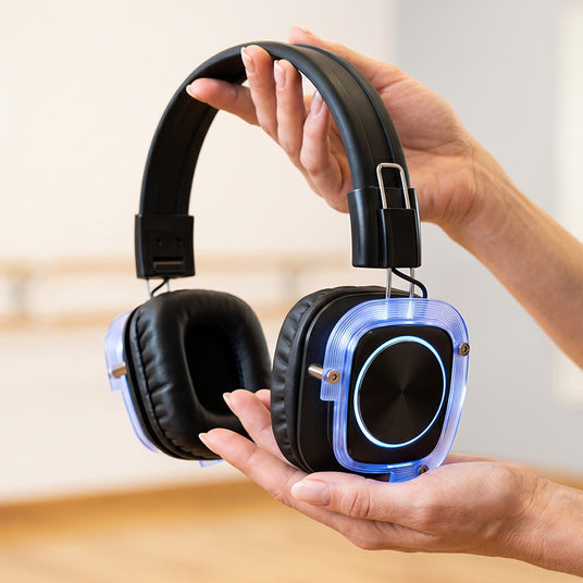 Dance competition headphones with LED and sticker sponsor branding on both sides