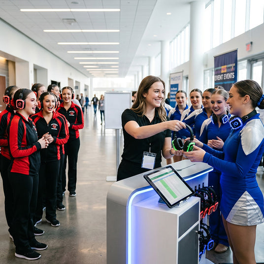Quiet Events booth staff assigning separate wireless channels to dance teams to prevent interference