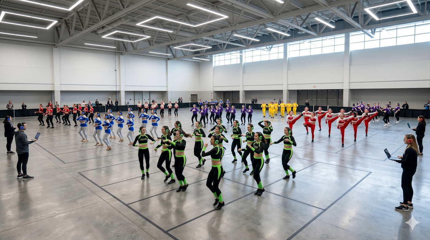 Dance teams warming up silently in wireless Quiet Events practice headphones at a competition