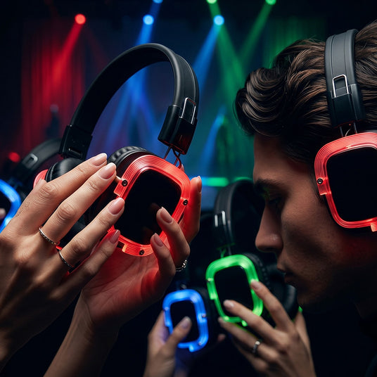 Branded LED silent disco headphones worn by guests as part of the fashion show set design