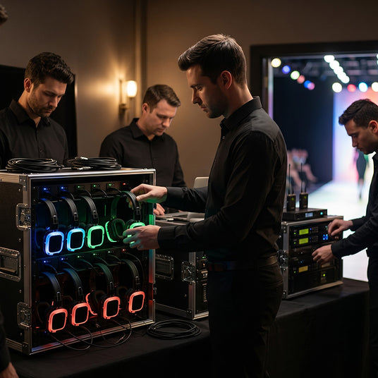 Quiet Events team setting up wireless headphones for a professional fashion show production