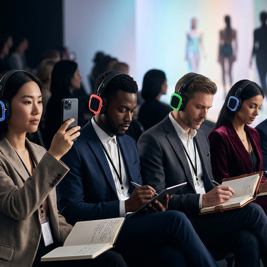 International press at a fashion show receiving real-time translation via headphone channels