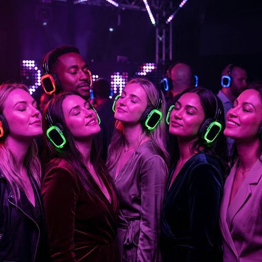 Listening party guests wearing wireless headphones hearing studio-quality album sound