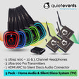 QuietEvents home audio and silent disco system with headphones and transmitters on a white background.