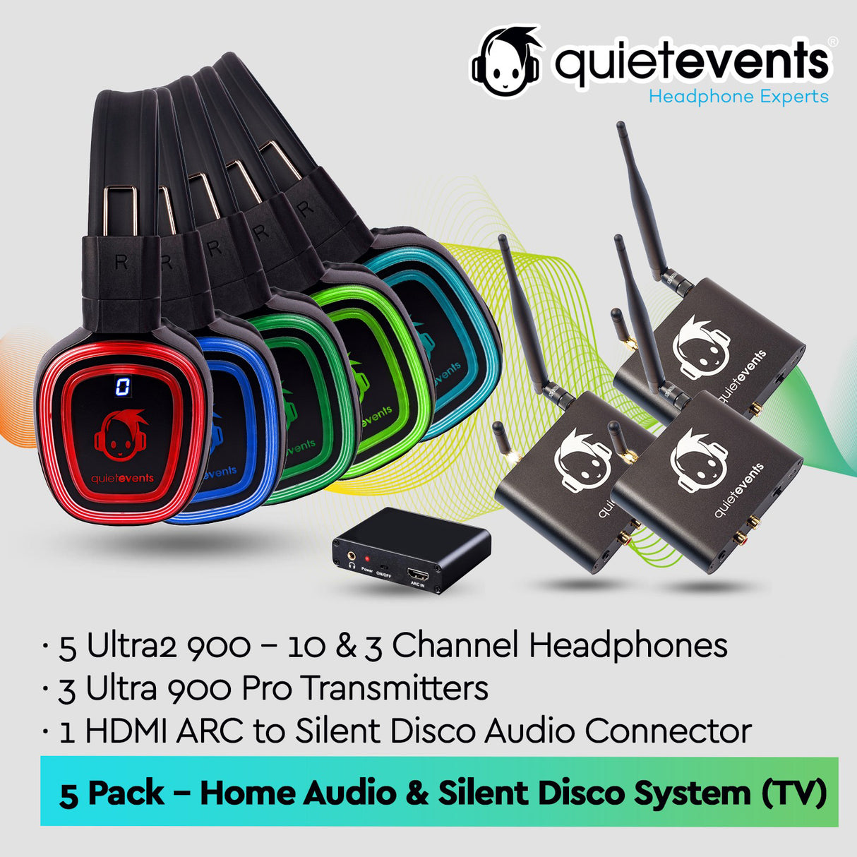 QuietEvents home audio and silent disco system with headphones and transmitters on a white background.